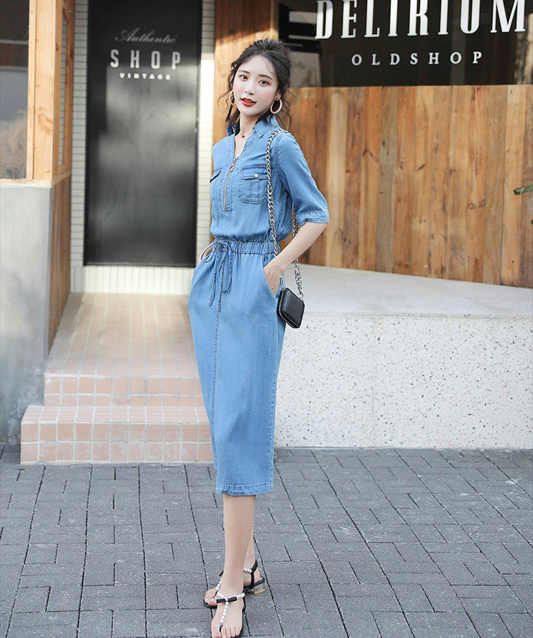 ĐẦM JEAN XÒE CỔ SƠ MI EO THUN